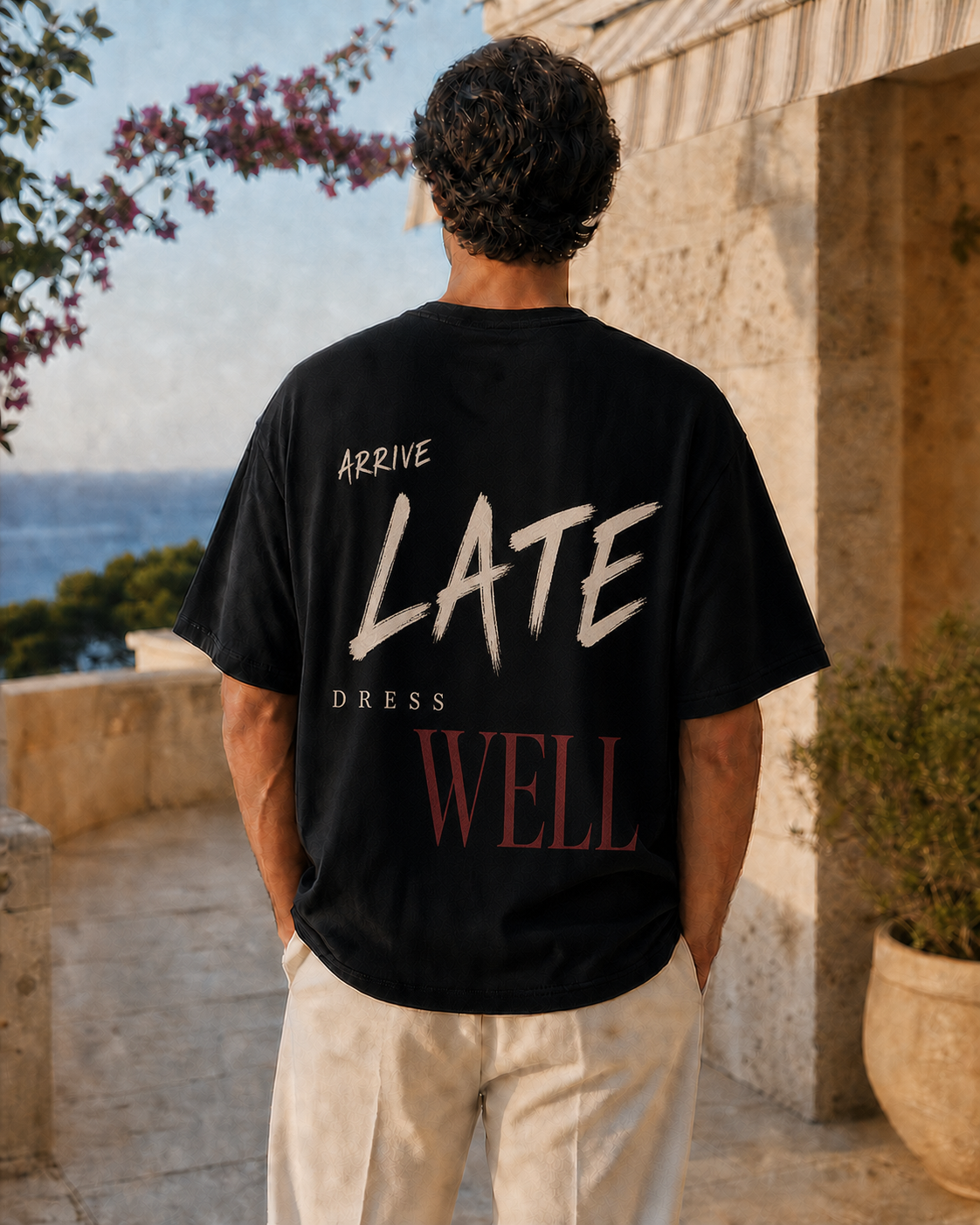 ARRIVE LATE, DRESS WELL oversized t-shirt - back view