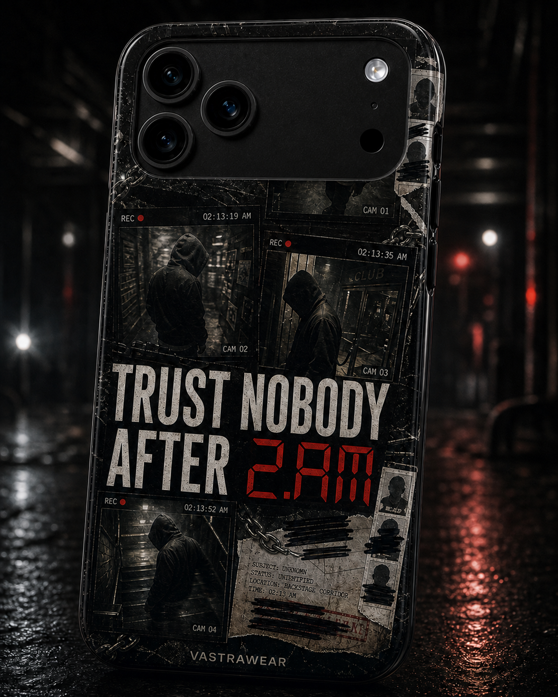TRUST NOBODY AFTER 2AM Zero Curfew glossy phone case on iPhone 17 Pro Max mockup
