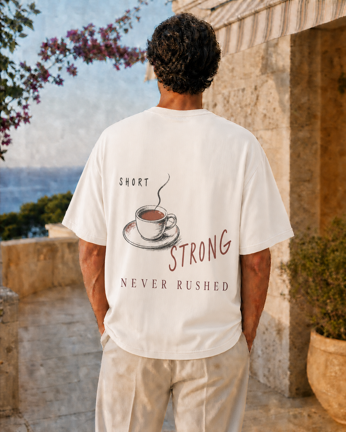 SHORT, STRONG, NEVER RUSHED oversized t-shirt - back view