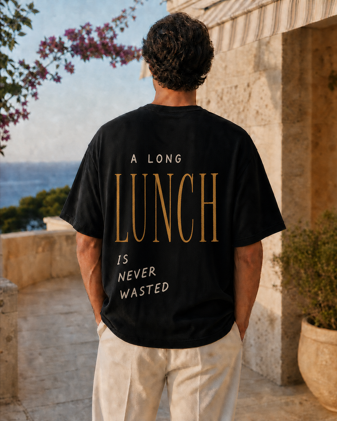 A LONG LUNCH IS NEVER WASTED oversized t-shirt - back view