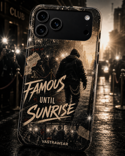 FAMOUS UNTIL SUNRISE Zero Curfew glossy phone case on iPhone 17 Pro Max mockup