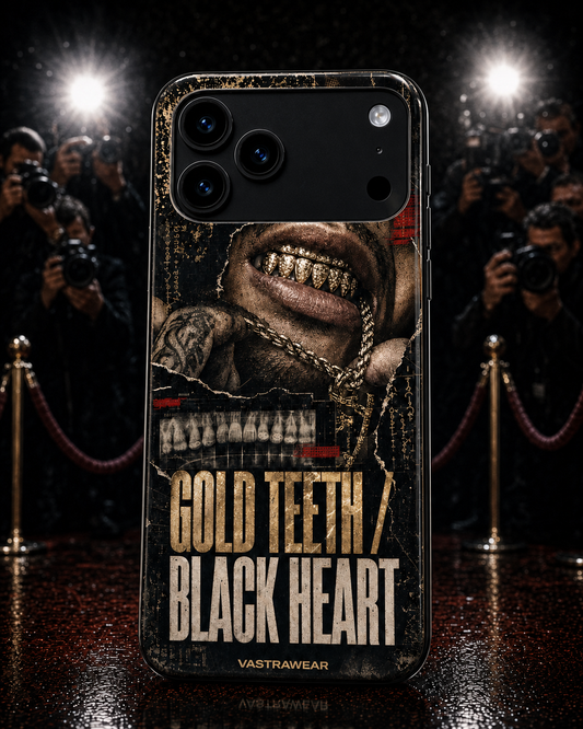GOLD TEETH / BLACK HEART Zero Curfew glossy phone case on iPhone 17 Pro Max mockup