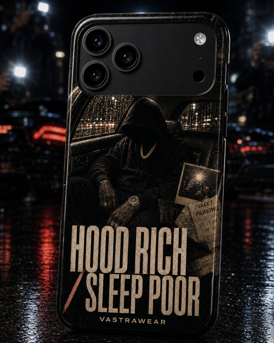 HOOD RICH / SLEEP POOR Zero Curfew glossy phone case on iPhone 17 Pro Max mockup