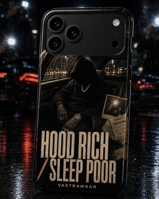 HOOD RICH / SLEEP POOR Zero Curfew glossy phone case on iPhone 17 Pro Max mockup