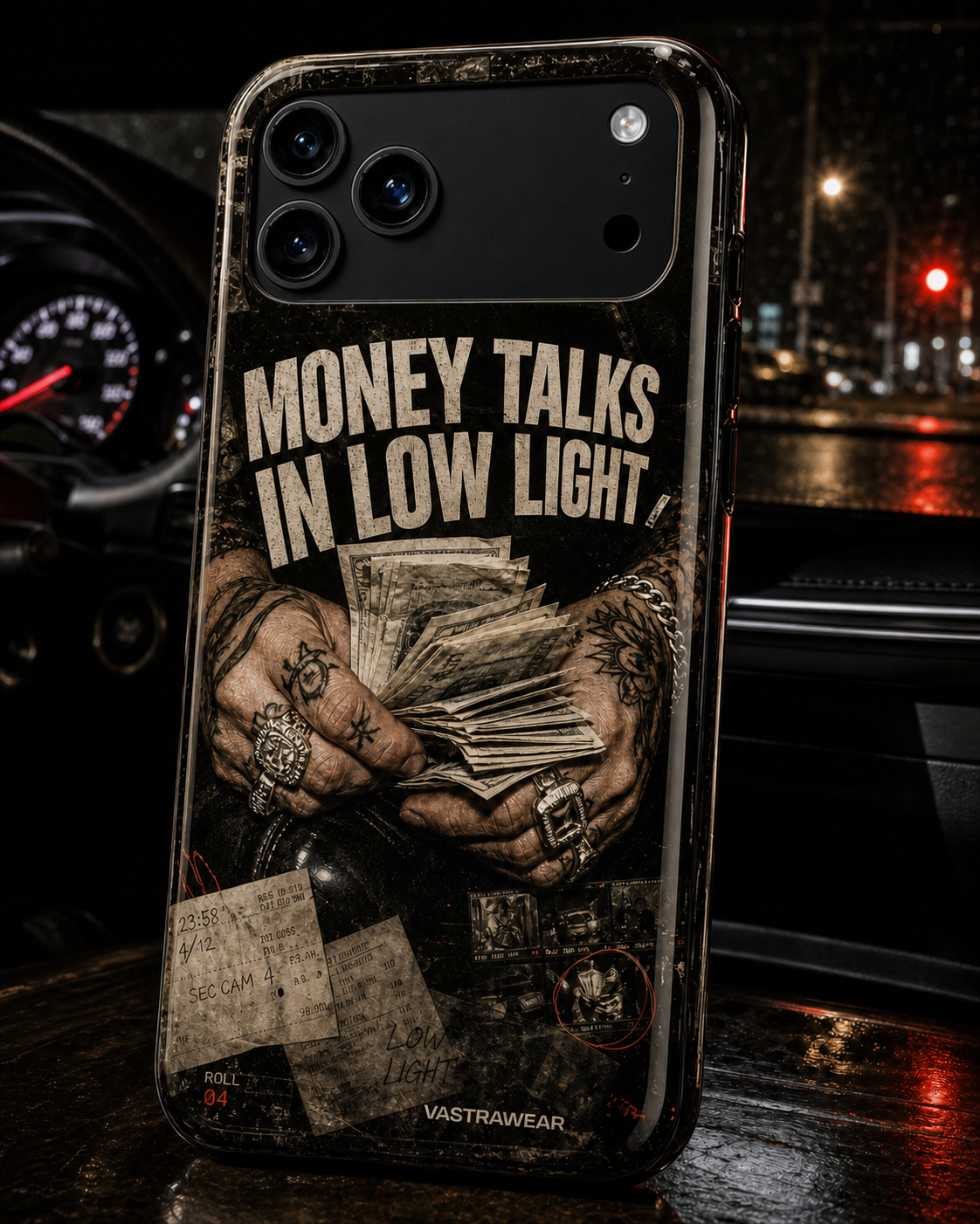 MONEY TALKS IN LOW LIGHT Zero Curfew glossy phone case on iPhone 17 Pro Max mockup