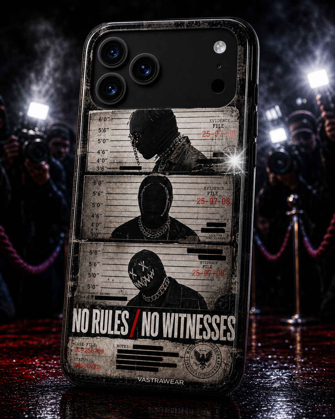 NO RULES / NO WITNESSES Zero Curfew glossy phone case on iPhone 17 Pro Max mockup