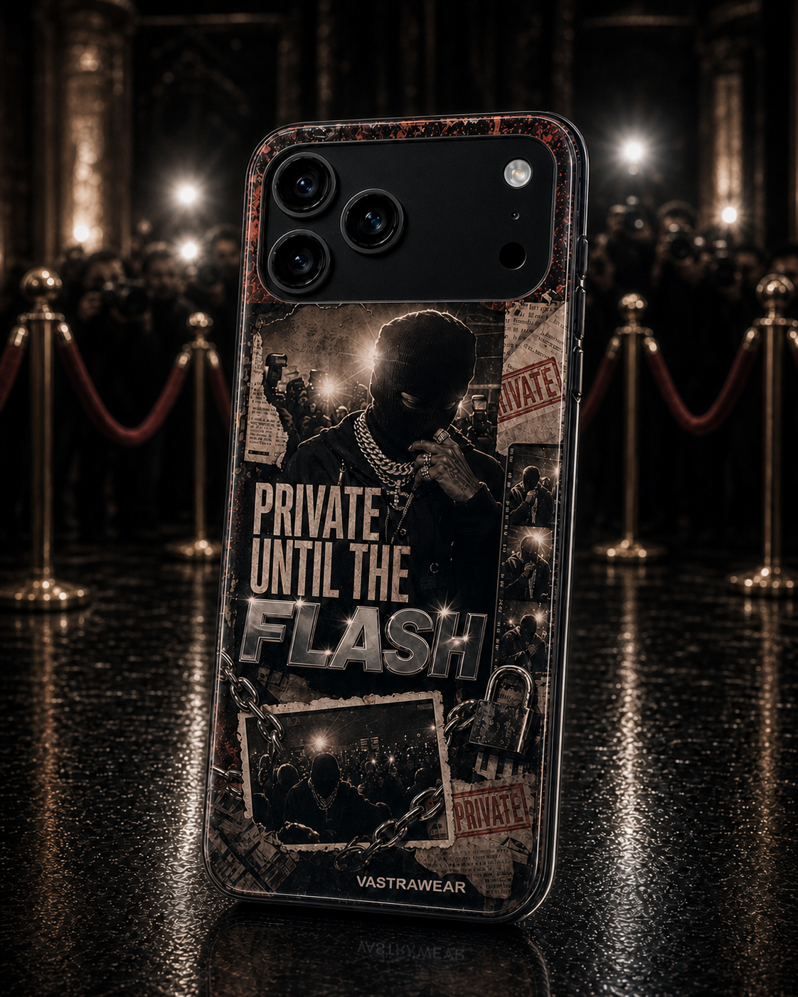 PRIVATE UNTIL THE FLASH Zero Curfew glossy phone case on iPhone 17 Pro Max mockup