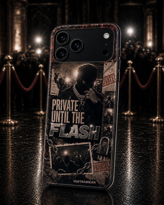 PRIVATE UNTIL THE FLASH Zero Curfew glossy phone case on iPhone 17 Pro Max mockup