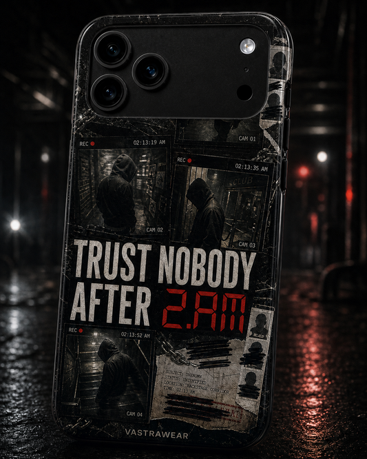 TRUST NOBODY AFTER 2AM Zero Curfew glossy phone case on iPhone 17 Pro Max mockup
