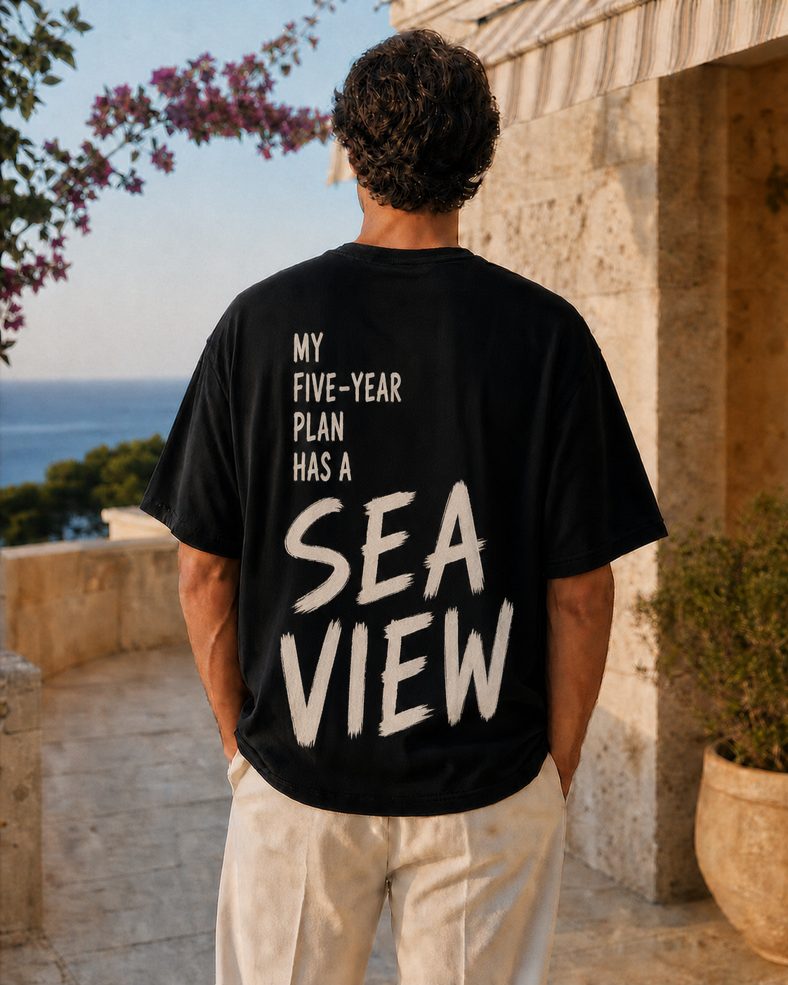 MY FIVE-YEAR PLAN HAS A SEA VIEW oversized t-shirt - back view