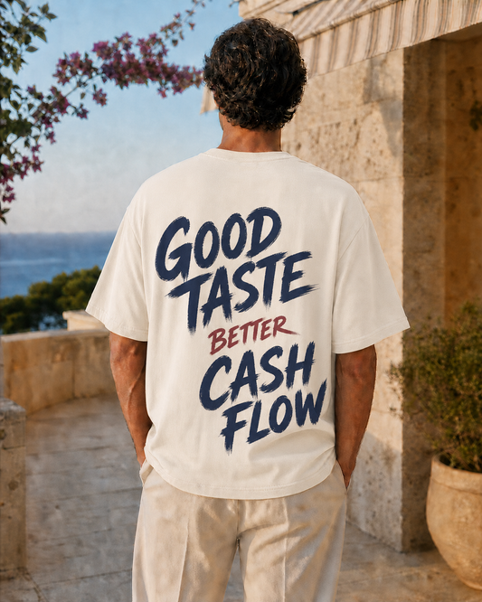 GOOD TASTE, BETTER CASH FLOW oversized t-shirt - back view