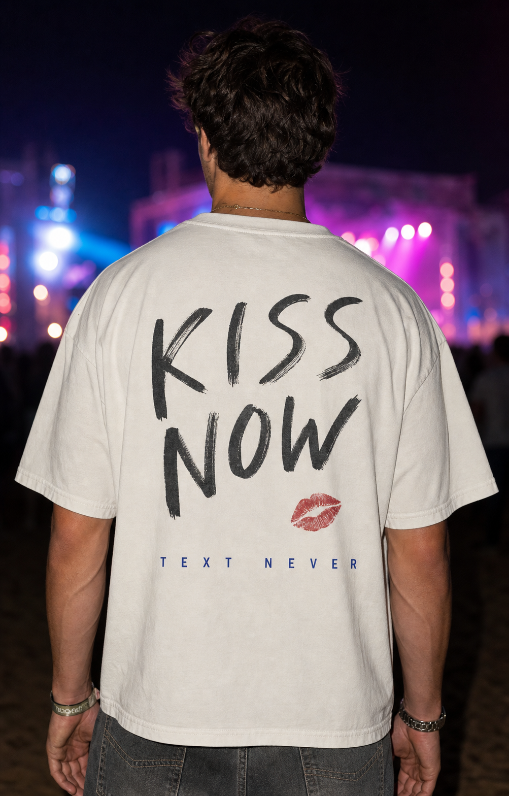 KISS NOW / TEXT NEVER oversized t-shirt - back view