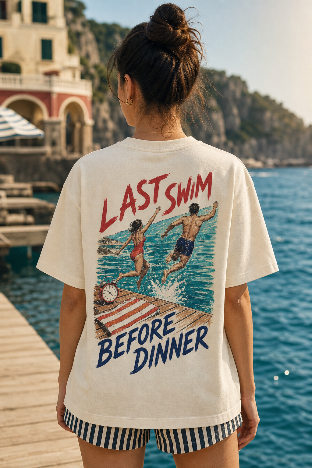 LAST SWIM BEFORE DINNER oversized t-shirt - back view