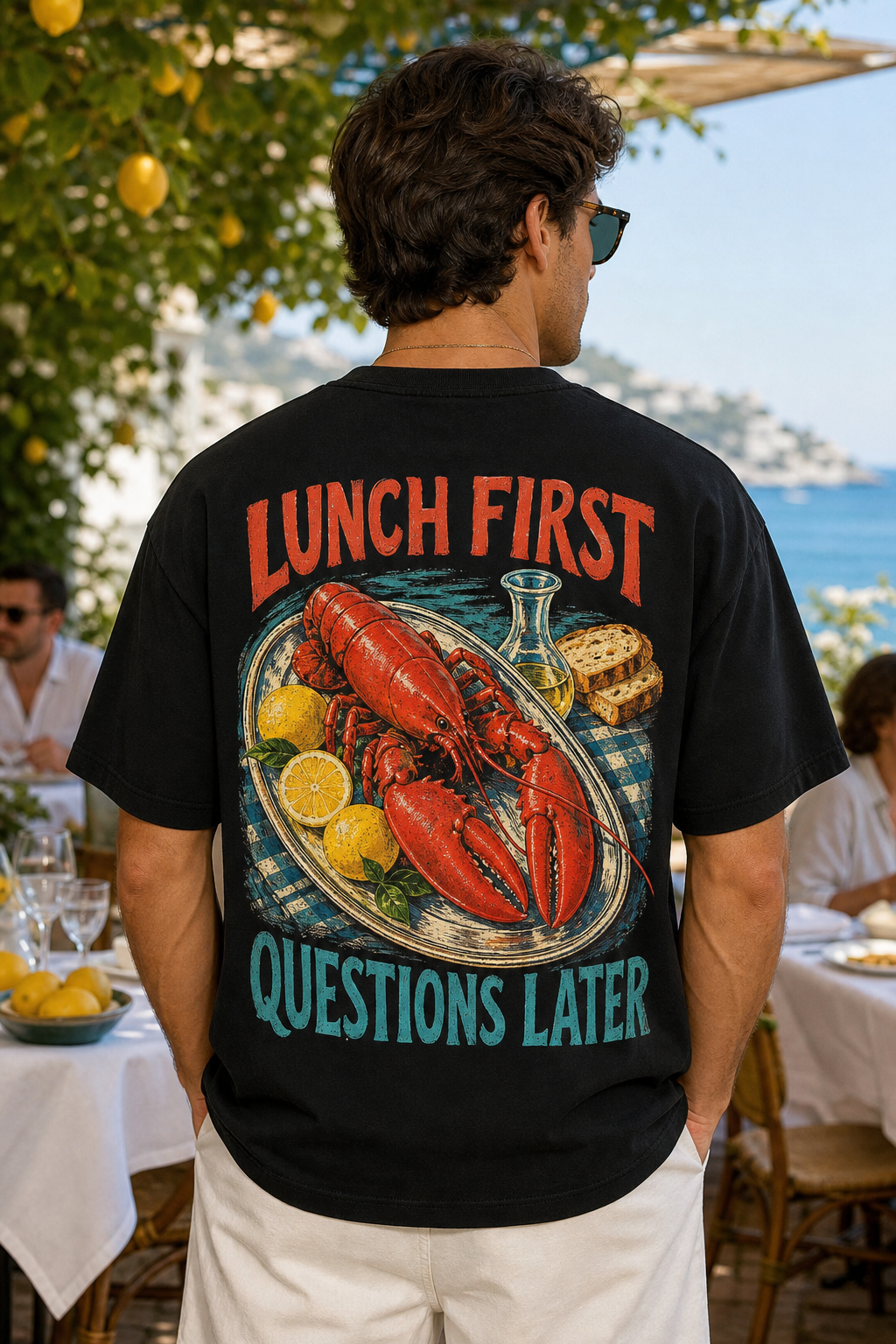 LUNCH FIRST, QUESTIONS LATER oversized t-shirt - back view