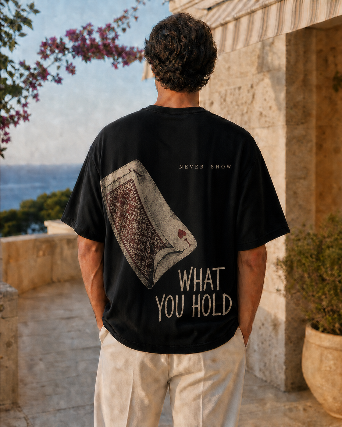 NEVER SHOW WHAT YOU HOLD oversized t-shirt - back view