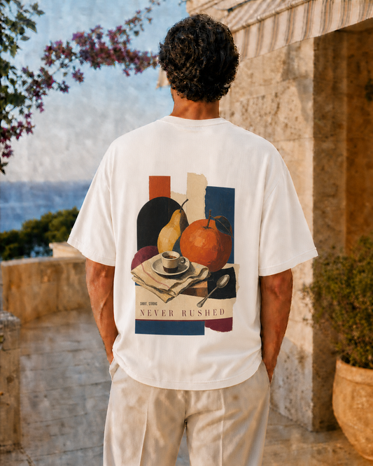 SHORT, STRONG, NEVER RUSHED VASTRAWEAR oversized t-shirt mock-up