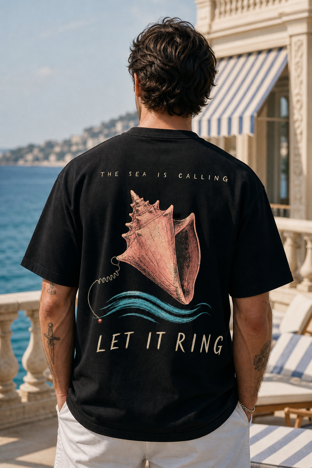THE SEA IS CALLING, LET IT RING oversized t-shirt - back view