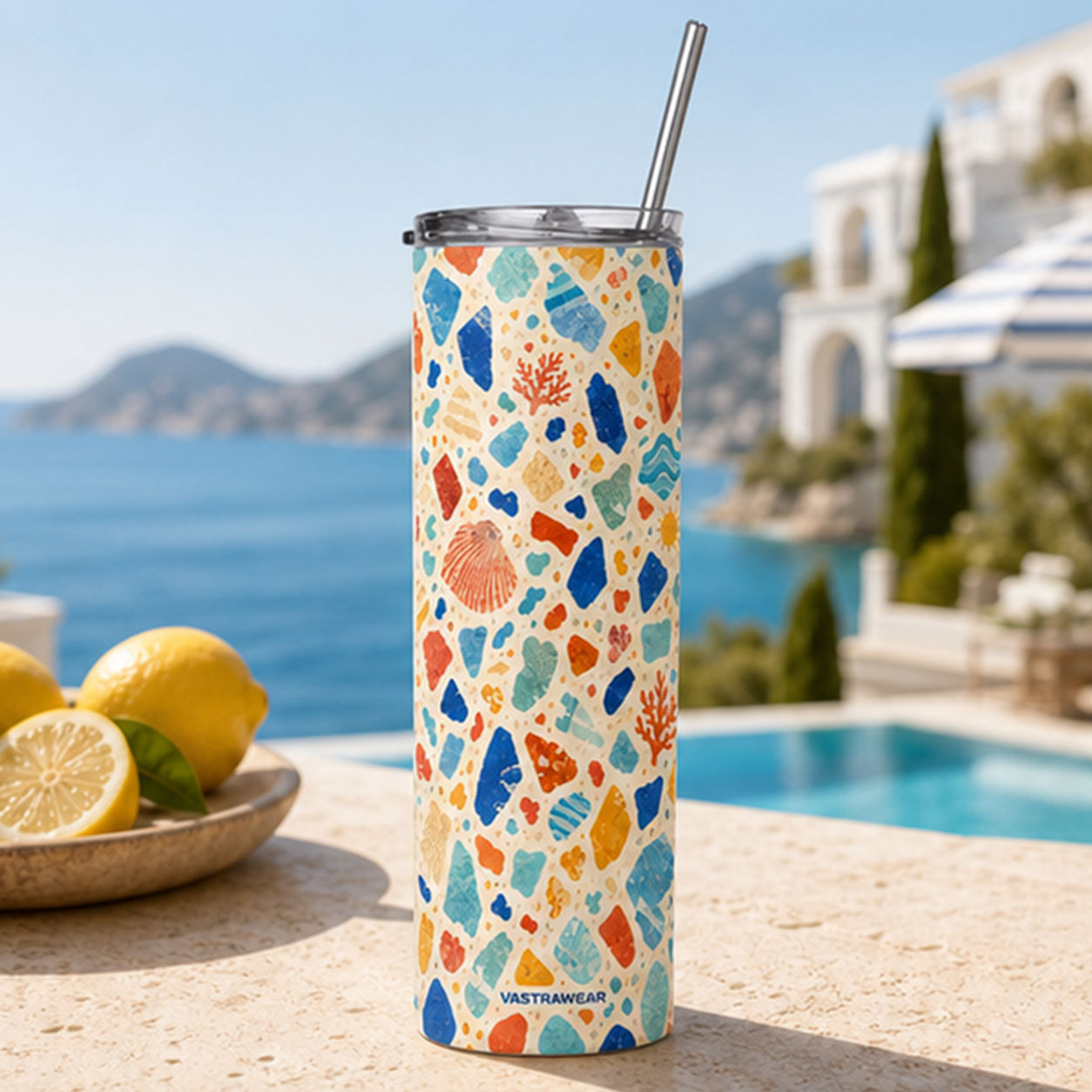 CORAL TERRAZZO VASTRAWEAR tumbler in LA VIE AZUR setting