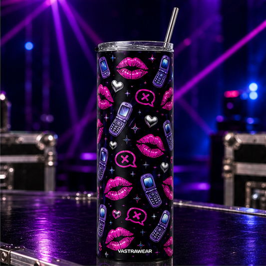 KISS NOW, TEXT NEVER VASTRAWEAR tumbler in ZERO CURFEW setting